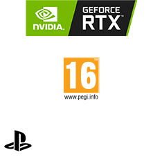 NVIDIA RTX logo, PEGI 16 logo, Playstation Studio logo, Insomniac Games logo og Nixxes logo